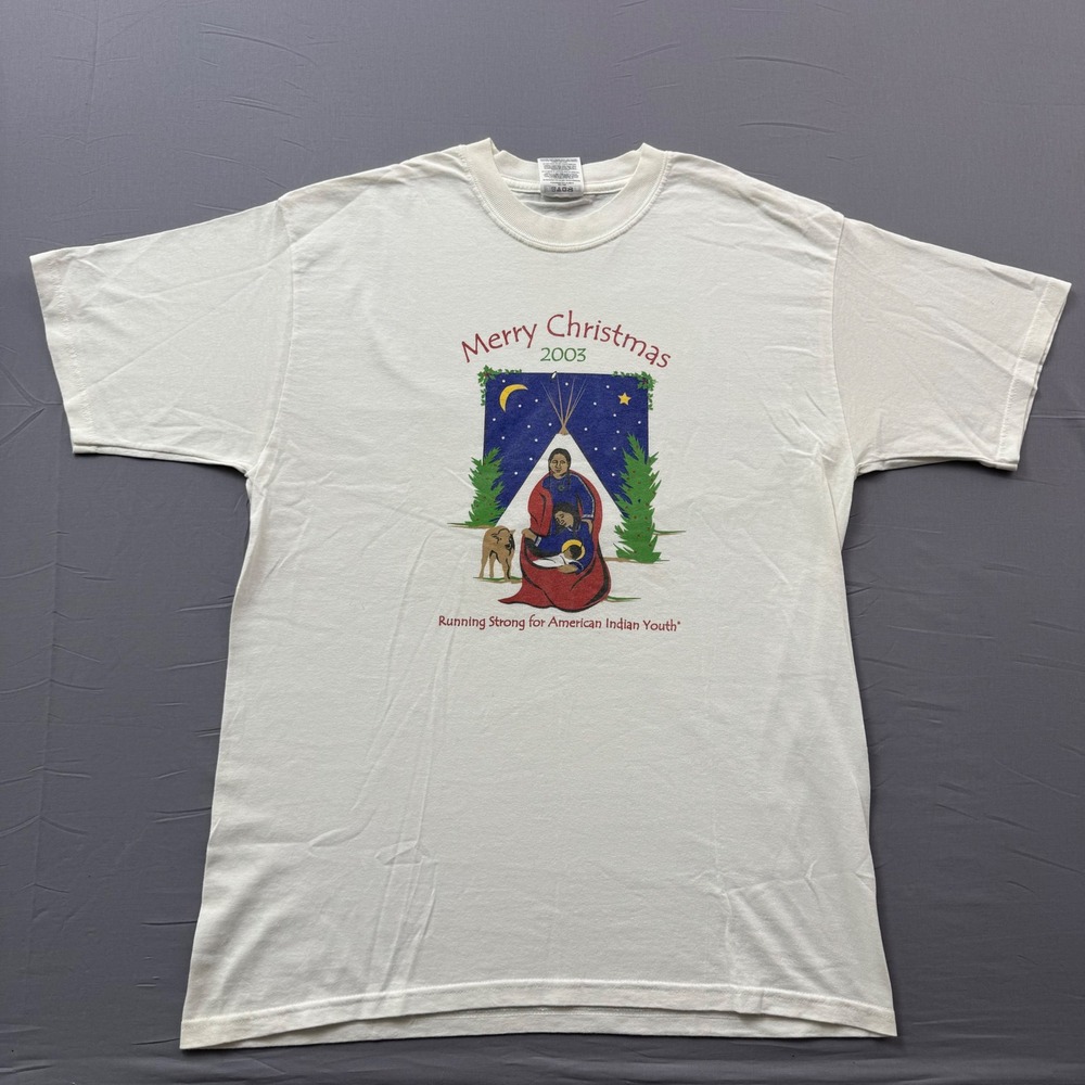 Vintage 2003 Jerzees Running Strong American Indian Youth Christmas T-Shirt